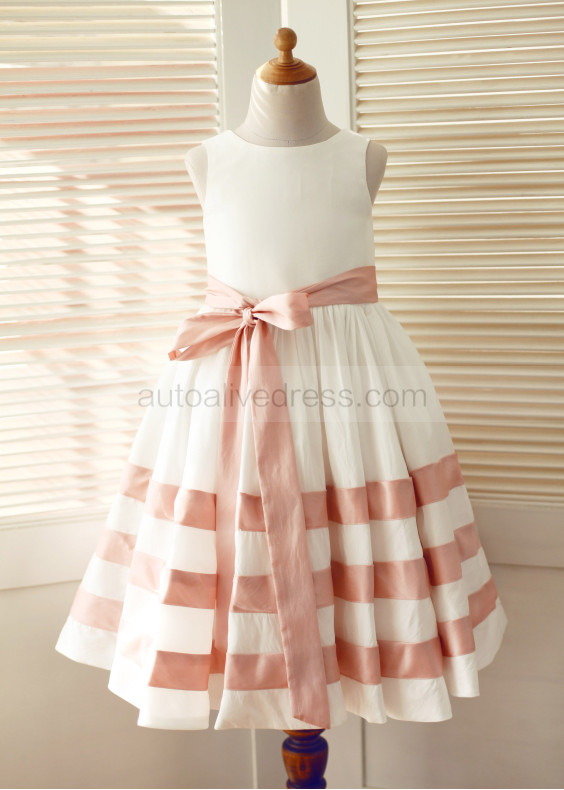 Ivory Taffeta Pink Stripes Knee Length Flower Girl Dress